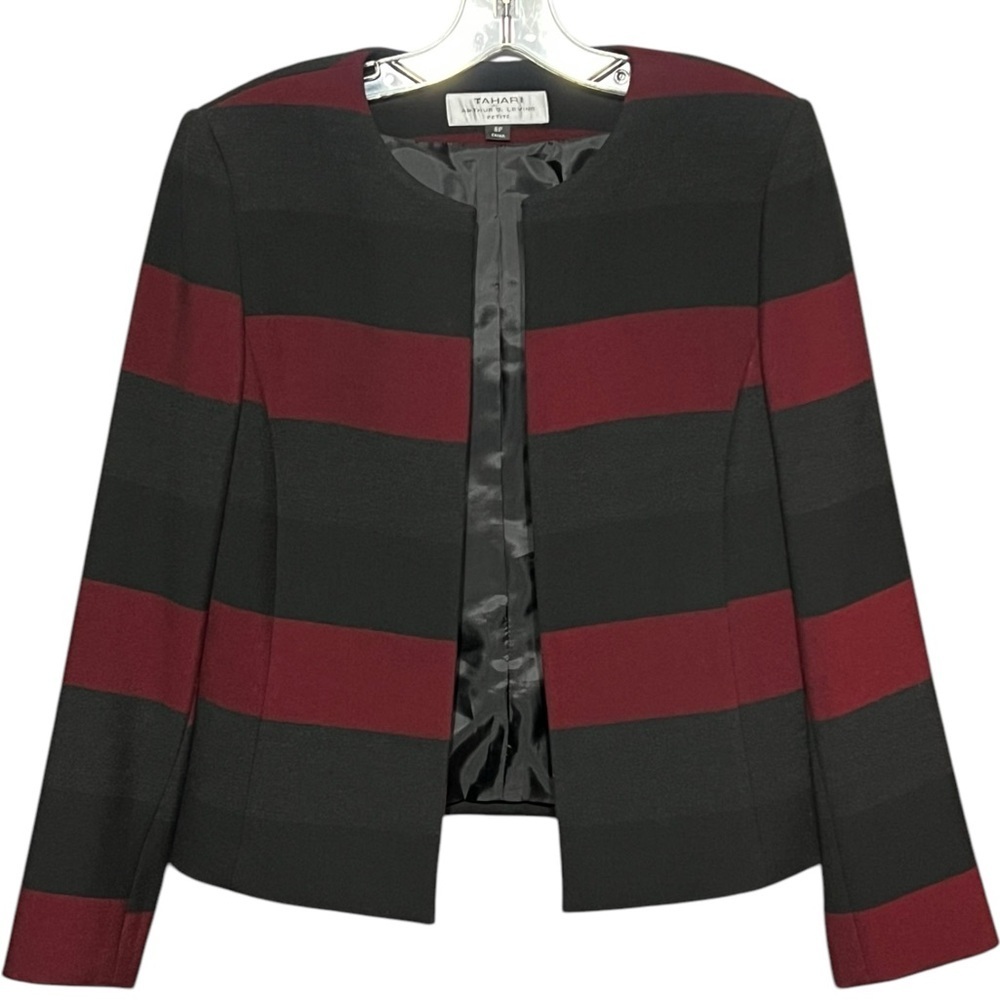 Tahari Arthur S. Levine Petite Stripe Blazer Burgundy Black Collarless Open 8P
